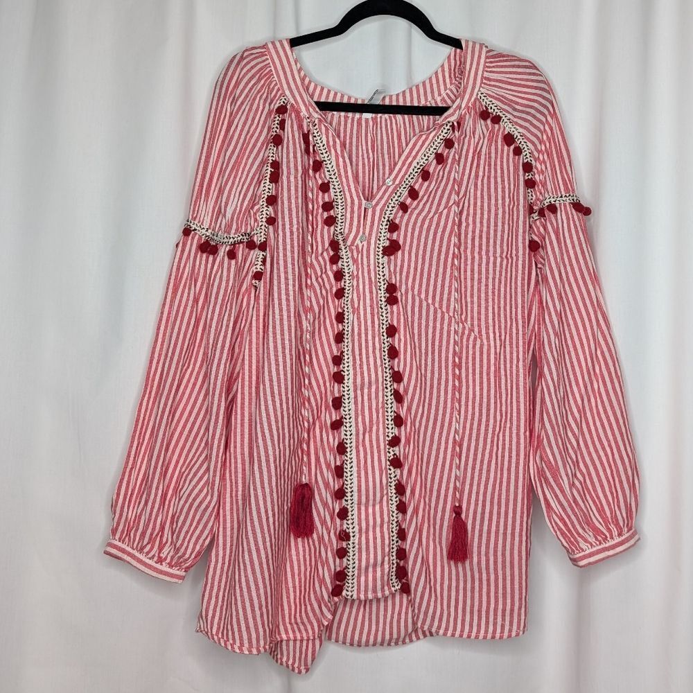 Zara TRF Collection Red & White Pom Pom Tunic Striped Top Boho